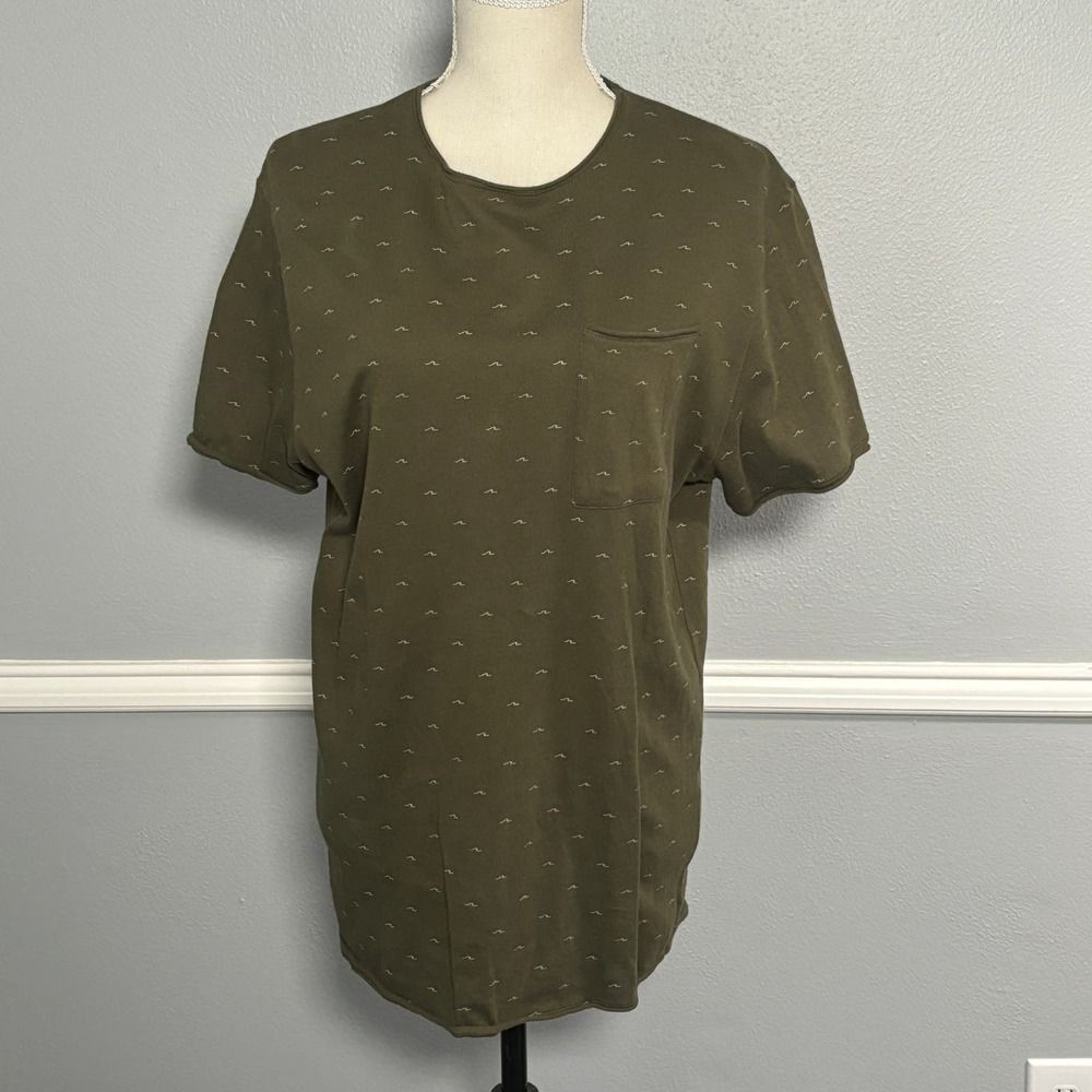 ZARA KNIT RAW HEM POCKET TEE DARK GREEN WITH WAVE PATTERN CASUAL SIZE XL
